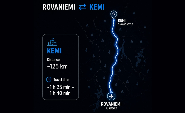 Map showing the private transfer route from Rovaniemi to Kemi