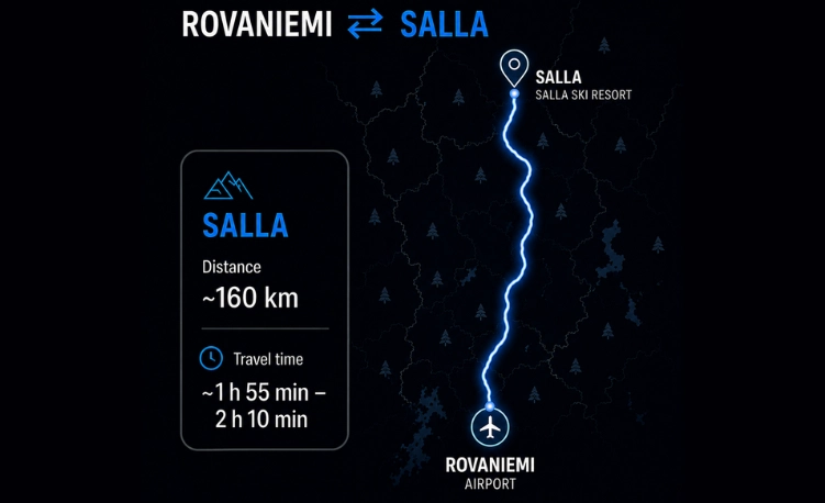 Map showing private transfer route between Rovaniemi and Salla with travel time and FAQ