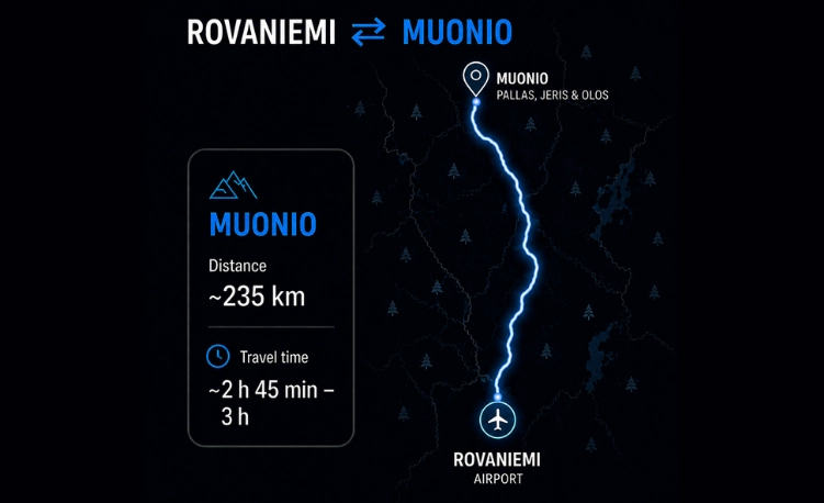 Rovaniemi to Muonio private transfer route map