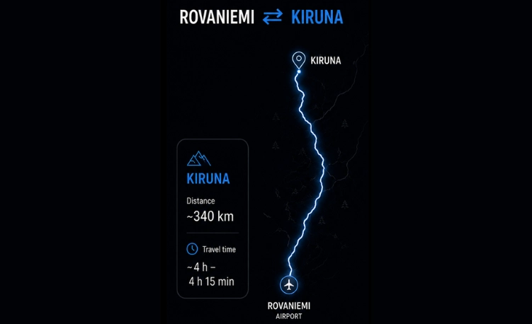 Private transfer route from Rovaniemi to Kiruna showing travel distance and driving route.
