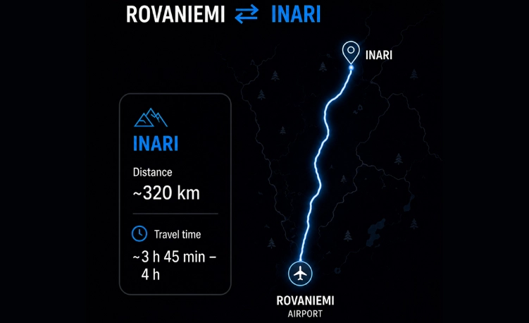 Rovaniemi to Inari private transfer route map