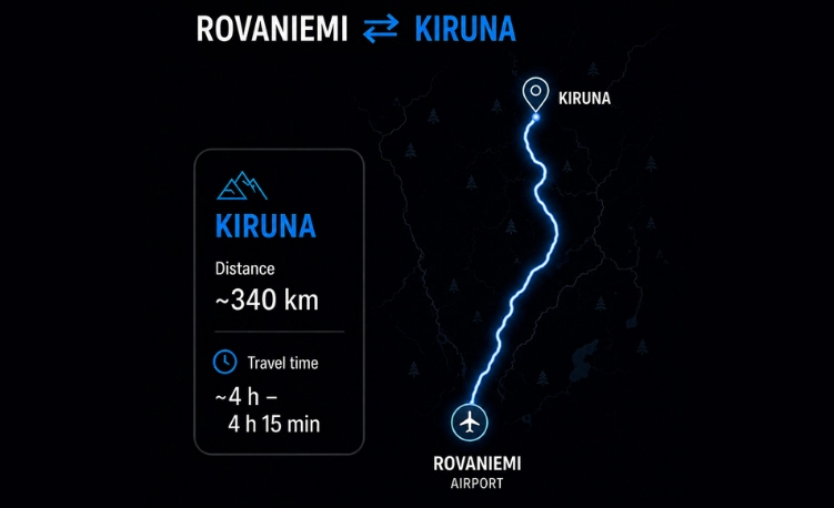Map showing the private transfer route from Rovaniemi to Kiruna
