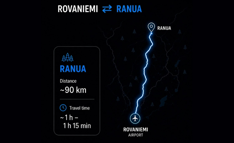 Map showing the private transfer route from Rovaniemi to Ranua